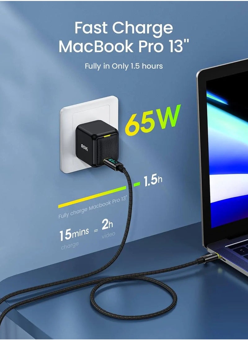  أوهي أوهي شاحن بقدرة 65 واط PD USB C، محول طاقة شاحن حائط سريع GaN+ Magcube مع كابل USB C مزود بشاشة LED بطول 4 أقدام للكمبيوتر المحمول MacBook Pro/Air، جالاكسي، لآيفون 16/15/بلاس/برو ماكس/14/13، أسود  - Image 4