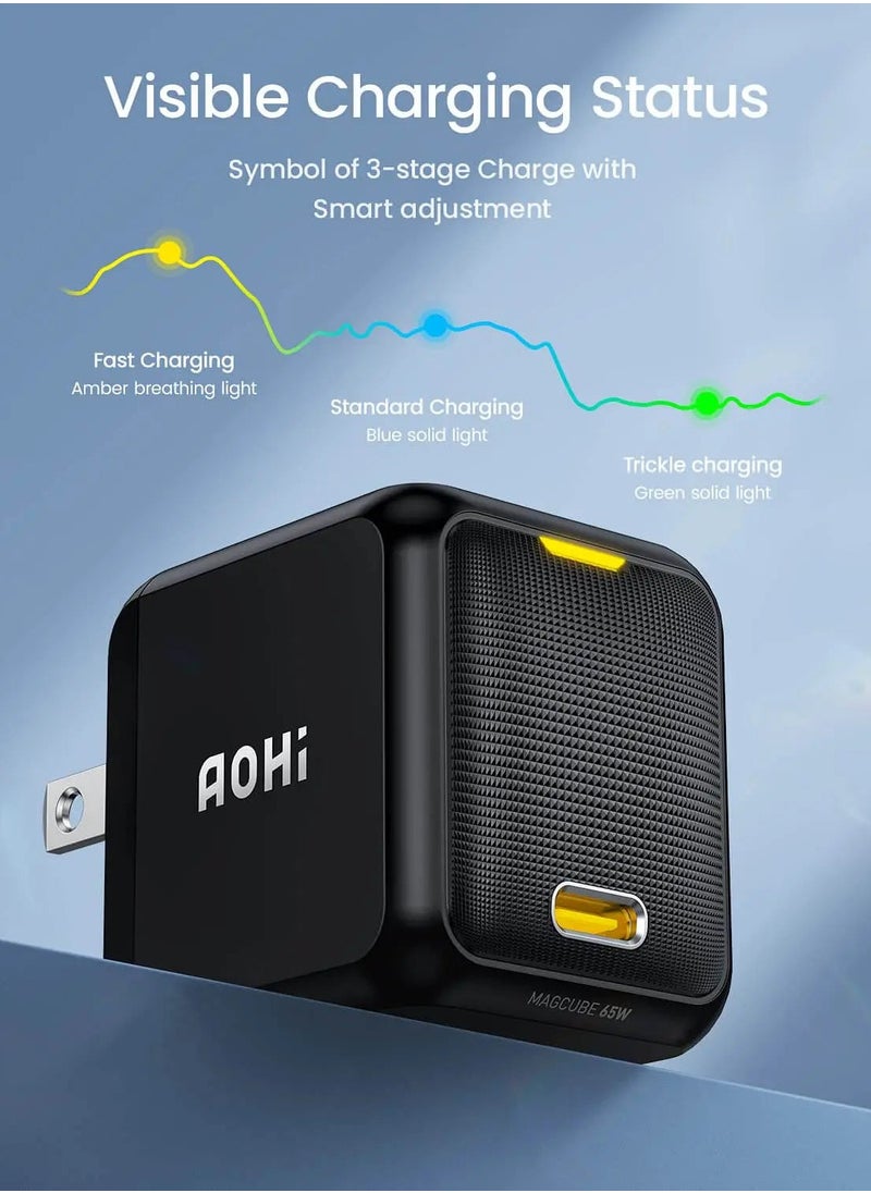  أوهي - أوهي شاحن بقدرة 65 واط PD USB C، محول طاقة شاحن حائط سريع GaN+ Magcube مع كابل USB C مزود بشاشة LED بطول 4 أقدام للكمبيوتر المحمول MacBook Pro/Air، جالاكسي، لآيفون 16/15/بلاس/برو ماكس/14/13، أسود - Image 1