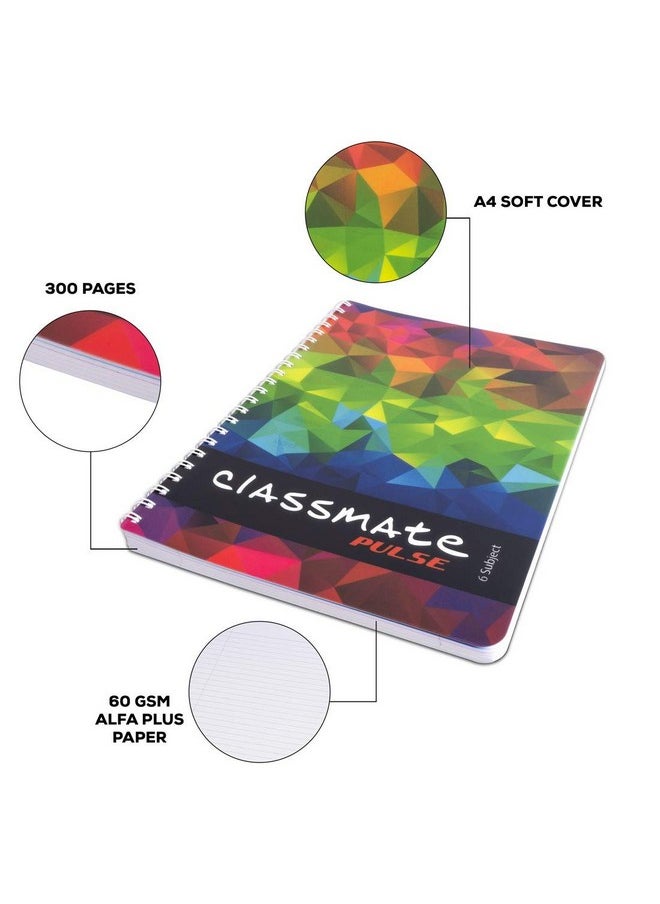 classmate Classmate Pulse 6 Subject Spiral Notebook - Pack of 1 | Single Line | 300 Pages | A4 - 29.7cm x 21.0cm | Attractive Cover Designs | Soft Cover | Notebooks for College Students  - Image 5