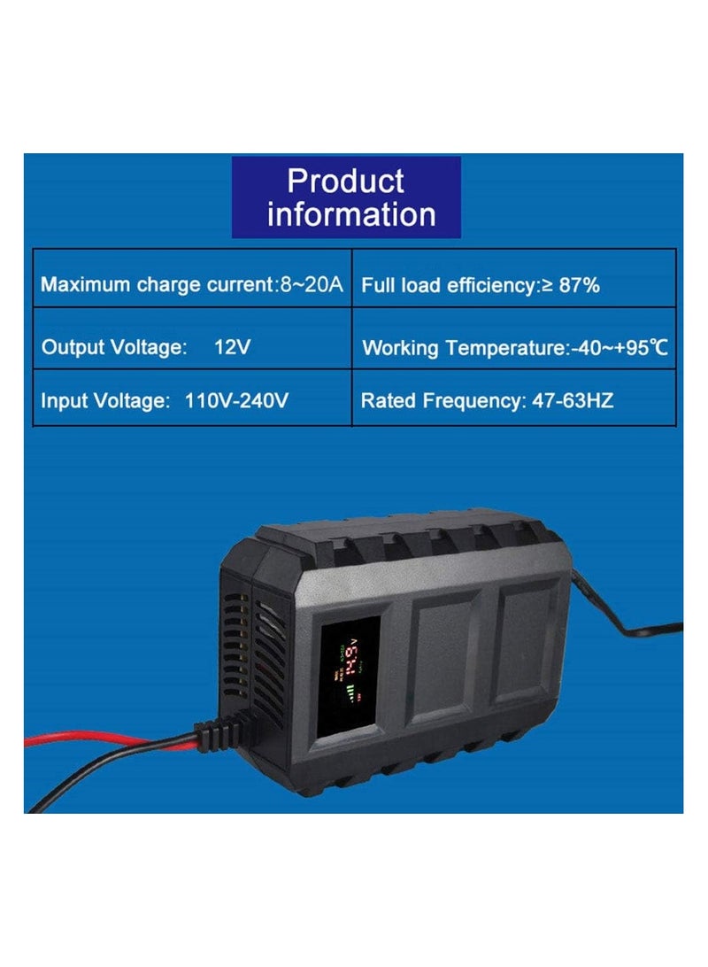 Car Battery Charger, 12V 20A Smart Battery Charger, Lead-Acid Battery Charger with LED Digital Screen for Car Motorcycle