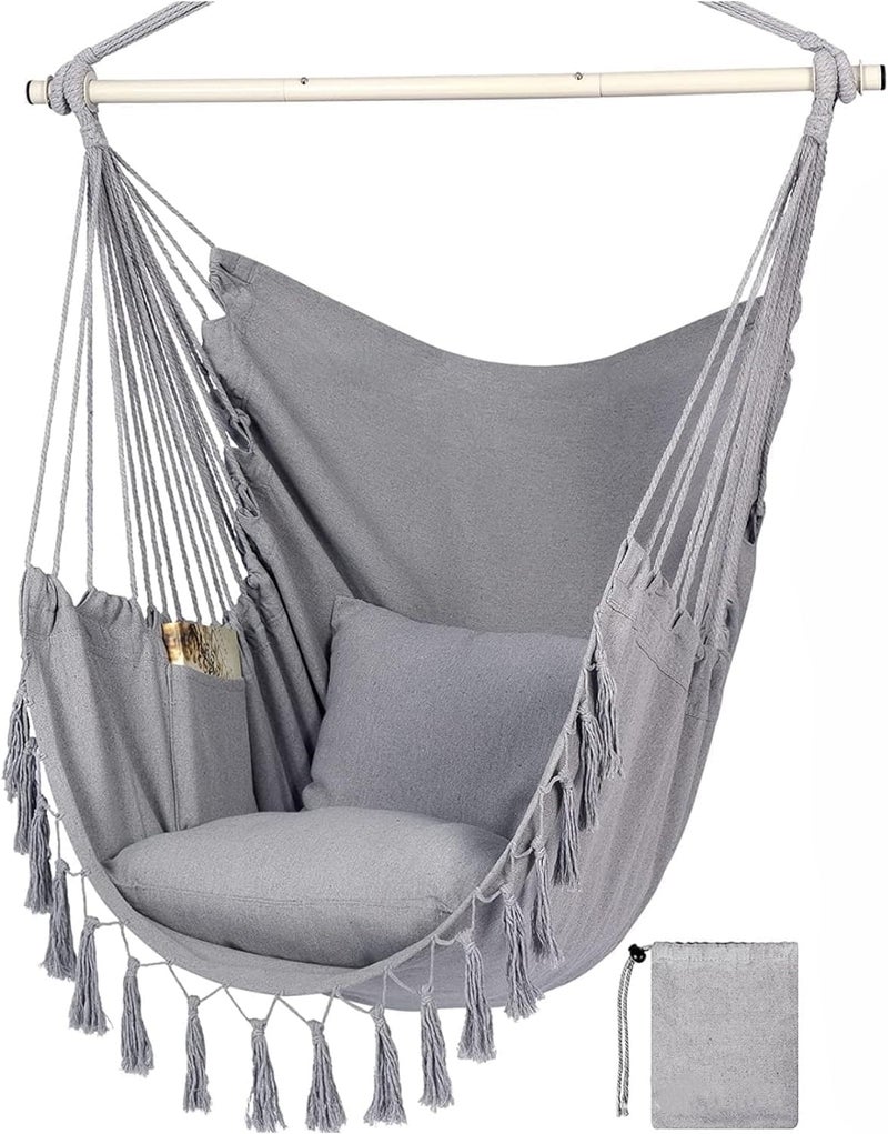 Harmony Home  Travel Canvas Hammock Garden Sports Dormitory Bedroom Hanging Chair Outdoor Swing Hanging Rope Hammock Chair Swing Seat Best for Indoor Outdoor Hanging Rope Swing Seat Chair Gray - Image 2