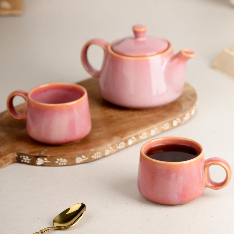 The Earth Store Premium Pink Glaze Ceramic Morning Tea Set - 2 Tea Cups & 1 Kettle Microwave and Dishwasher Safe | Tea Cup with Kettle | Small Morning Set | Ideal for Gifting and Daily Use - Image 5