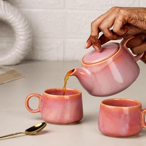 The Earth Store Premium Pink Glaze Ceramic Morning Tea Set - 2 Tea Cups & 1 Kettle Microwave and Dishwasher Safe | Tea Cup with Kettle | Small Morning Set | Ideal for Gifting and Daily Use - Image 2