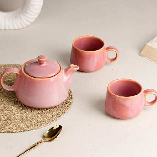 The Earth Store Premium Pink Glaze Ceramic Morning Tea Set - 2 Tea Cups & 1 Kettle Microwave and Dishwasher Safe | Tea Cup with Kettle | Small Morning Set | Ideal for Gifting and Daily Use - Image 4