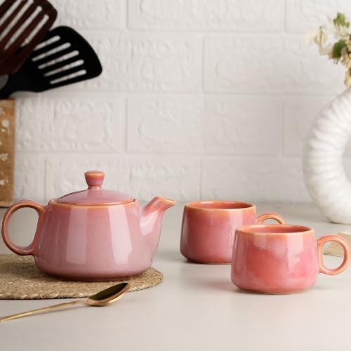 The Earth Store Premium Pink Glaze Ceramic Morning Tea Set - 2 Tea Cups & 1 Kettle Microwave and Dishwasher Safe | Tea Cup with Kettle | Small Morning Set | Ideal for Gifting and Daily Use - Image 3
