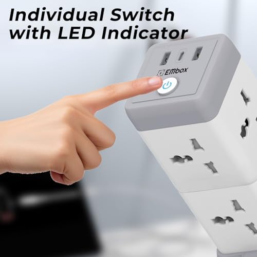 EMBOX 11 in 1 Cube Extension Board with USB Type C (2.4 A) (QC 3.0) | 2500W Extension Board with Switches | Extension Cord with 8 Universal Sockets Safety Shutter & Overload Protector, 2 Meter - Image 4