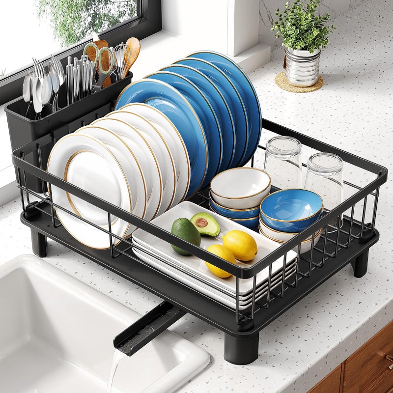 SNTD Dish Drying Rack - Small Dish Rack for Kitchen Counter, Stainless Steel Dish Drainer with Utensil Holder and Drainboard, 12.9" W x 16.9" L (Black) - Image 1