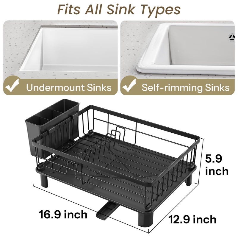 SNTD Dish Drying Rack - Small Dish Rack for Kitchen Counter, Stainless Steel Dish Drainer with Utensil Holder and Drainboard, 12.9" W x 16.9" L (Black) - Image 2