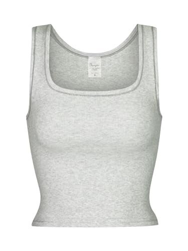 Danysu Women Cotton Rib Tank Top with Built in Bra Square Neck Crop Tank Fitted Basic Tops Heather White XS - Image 2