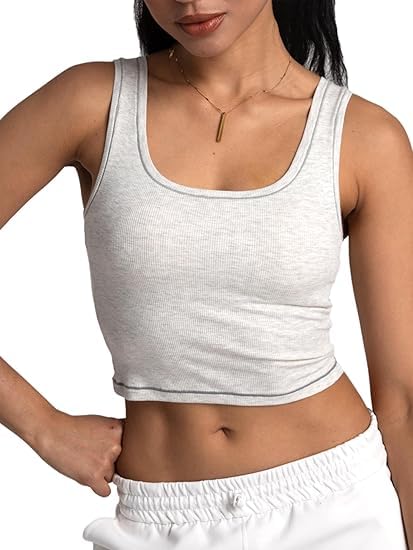 Danysu Women Cotton Rib Tank Top with Built in Bra Square Neck Crop Tank Fitted Basic Tops Heather White XS - Image 1