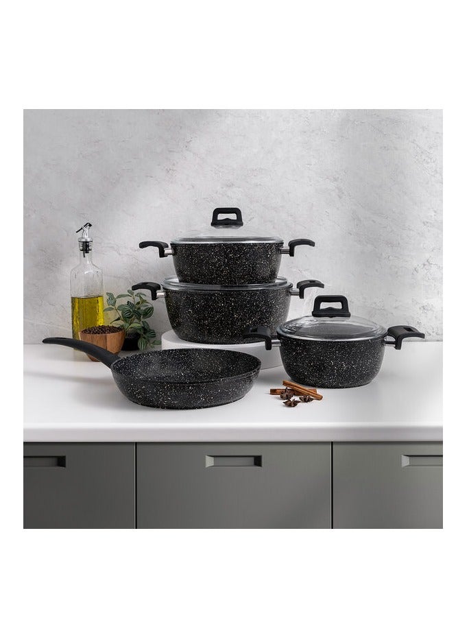 Pots and Pans - Cookware Set 7 pieces set | PFOA FREE, Base Cooking Set Pots and Pan | Granite Non Stick Coating 100% | Casserole, Shallow Pot, Frypan with Bakelite Handles | Tempered Glass Lid - Grey  - Image 3