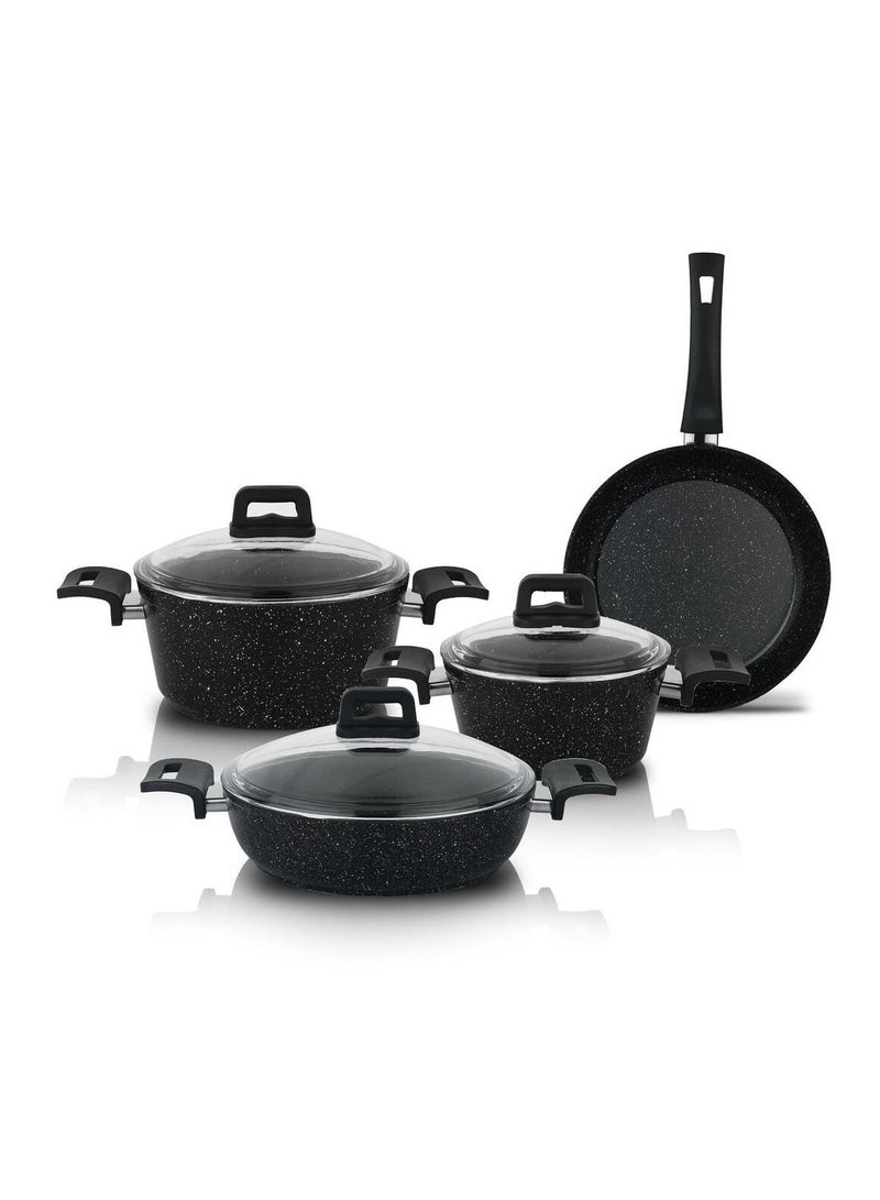 Pots and Pans - Cookware Set 7 pieces set | PFOA FREE, Base Cooking Set Pots and Pan | Granite Non Stick Coating 100% | Casserole, Shallow Pot, Frypan with Bakelite Handles | Tempered Glass Lid - Grey  - Image 1