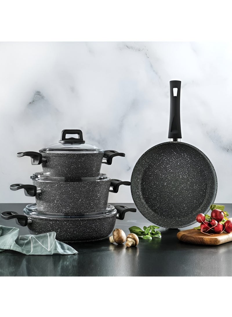 Pots and Pans - Cookware Set 7 pieces set | PFOA FREE, Base Cooking Set Pots and Pan | Granite Non Stick Coating 100% | Casserole, Shallow Pot, Frypan with Bakelite Handles | Tempered Glass Lid - Grey  - Image 2