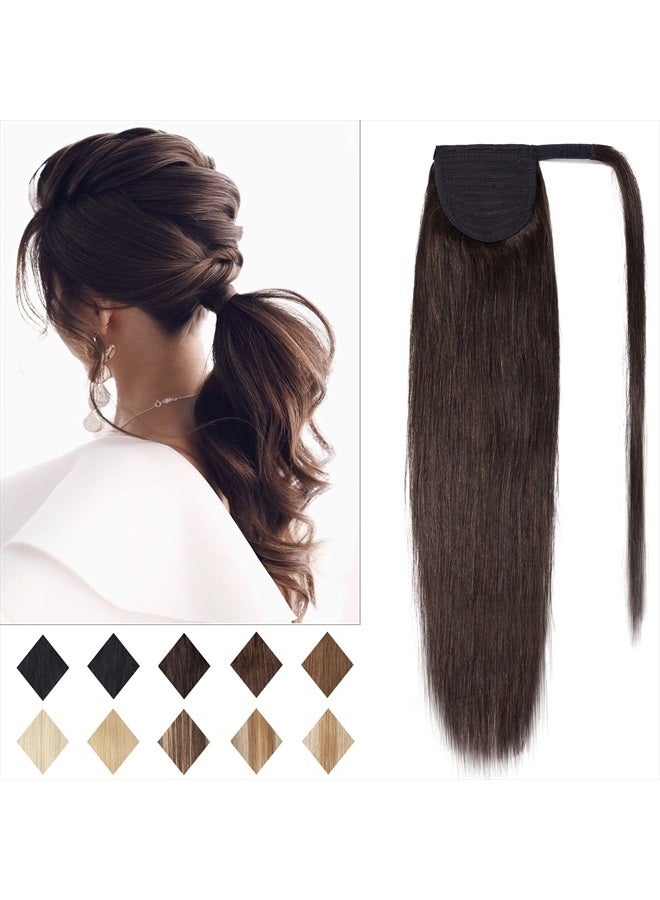 SEGO Ponytail Extension Human Hair Pony Tails Hair Extensions Wrap Around Ponytail Hair Extensions 100% Real Remy Hair With Magic Paste Long Straight For Women 20 Inch 95g #02 Dark Brown - Image 1