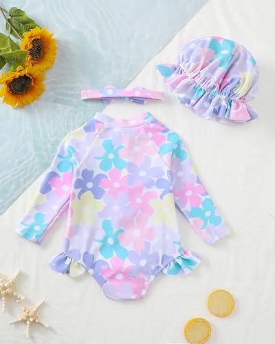 Yhnslsf Baby Girl Swimsuit 6-9 Months Infant Baby Girl Bathing Suit 9-12 Months Long Sleeve Colorful Floral Ruffle One-Piece Zipper Baby Rash Guard Swim Suit with Hat Summer Beach Essentials Swimwear - Image 3