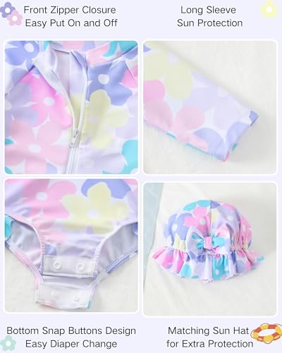 Yhnslsf Baby Girl Swimsuit 6-9 Months Infant Baby Girl Bathing Suit 9-12 Months Long Sleeve Colorful Floral Ruffle One-Piece Zipper Baby Rash Guard Swim Suit with Hat Summer Beach Essentials Swimwear - Image 4