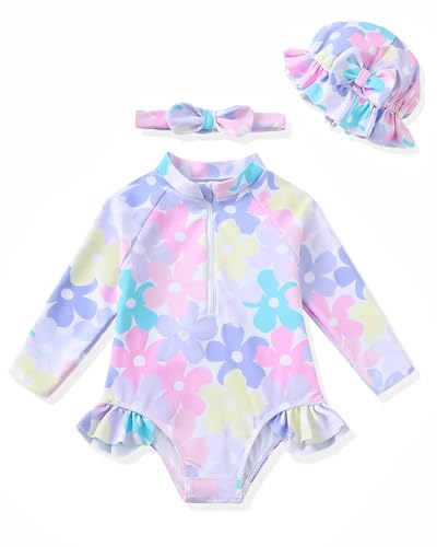 Yhnslsf Baby Girl Swimsuit 6-9 Months Infant Baby Girl Bathing Suit 9-12 Months Long Sleeve Colorful Floral Ruffle One-Piece Zipper Baby Rash Guard Swim Suit with Hat Summer Beach Essentials Swimwear - Image 1