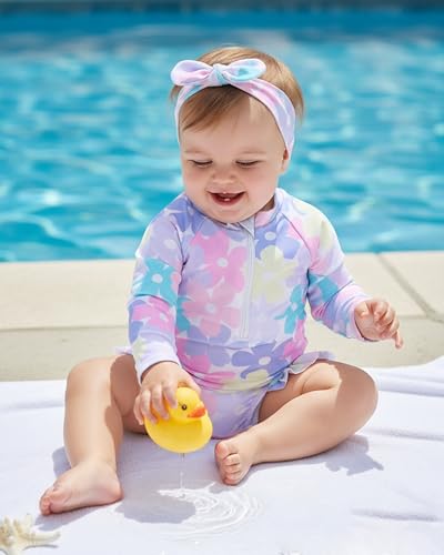 Yhnslsf Baby Girl Swimsuit 6-9 Months Infant Baby Girl Bathing Suit 9-12 Months Long Sleeve Colorful Floral Ruffle One-Piece Zipper Baby Rash Guard Swim Suit with Hat Summer Beach Essentials Swimwear - Image 2