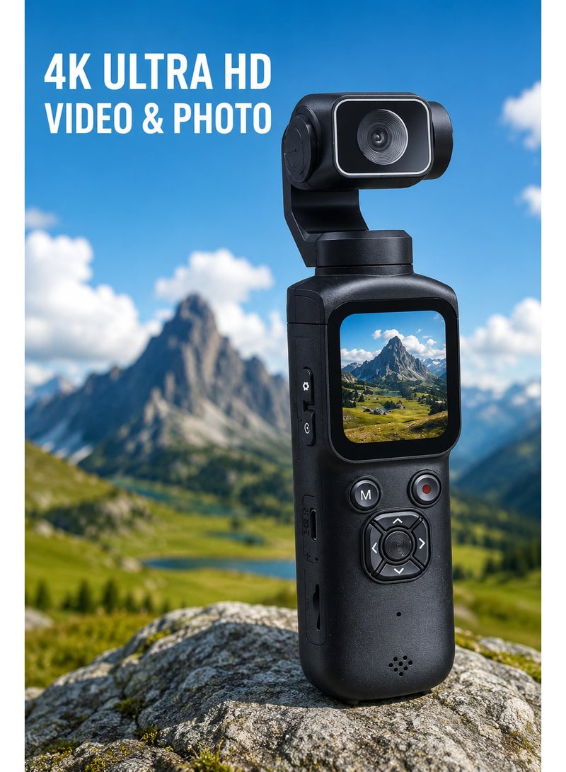 4K Pocket Gimbal Camera with 330° Rotation, AI Face Tracking, Wi-Fi and Touch Screen for Vlogging and Travel, Black - Image 2
