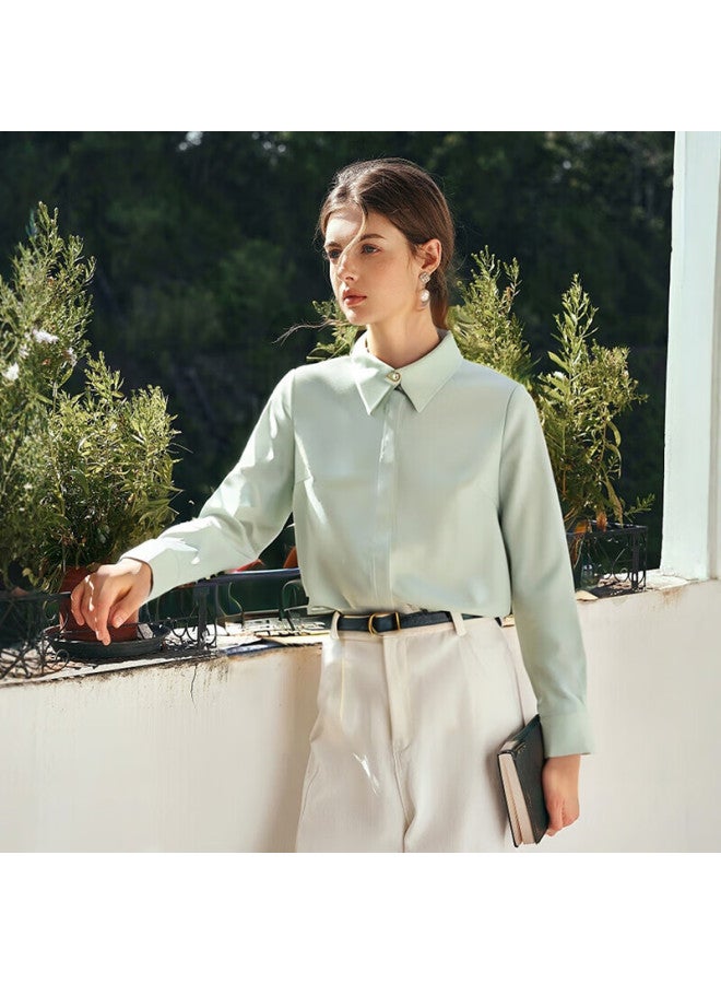 Oulain Chiffon Blouse For Women, Autumn French Elegant Long-sleeve Top, Bean Green Color, XL Size