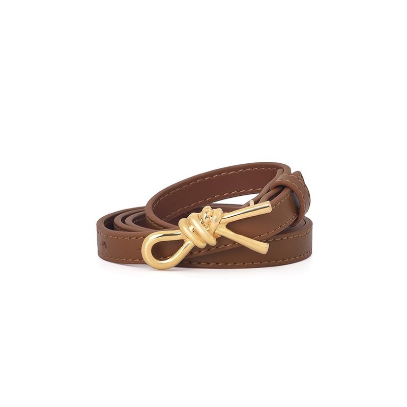eartif Skinny Leather Belt with Gold Bow Knot Buckle, Black, Dress Belt for Women (Brown) - Image 1