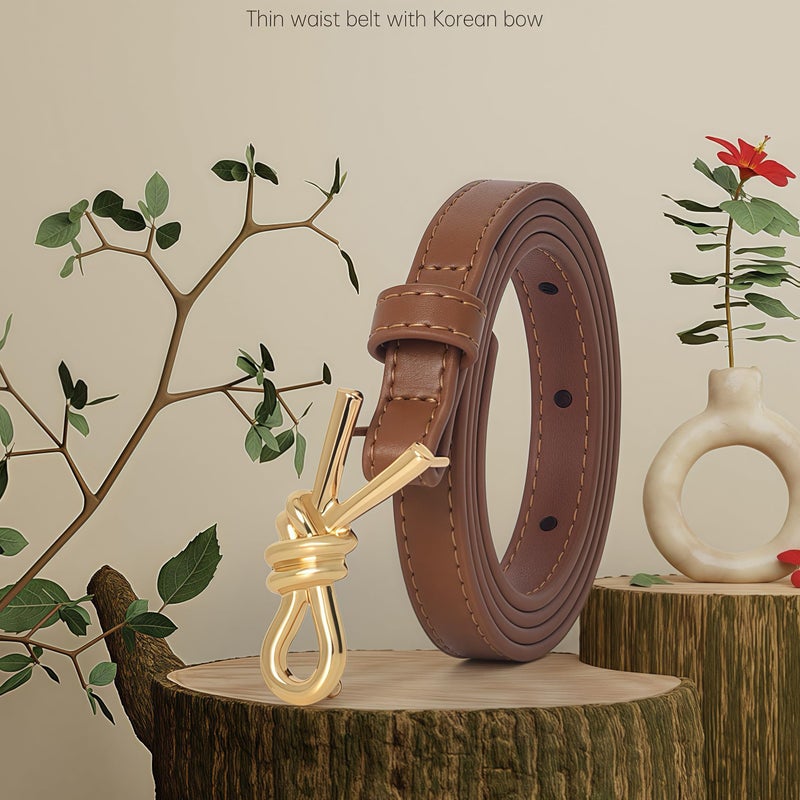 eartif Skinny Leather Belt with Gold Bow Knot Buckle, Black, Dress Belt for Women (Brown) - Image 2