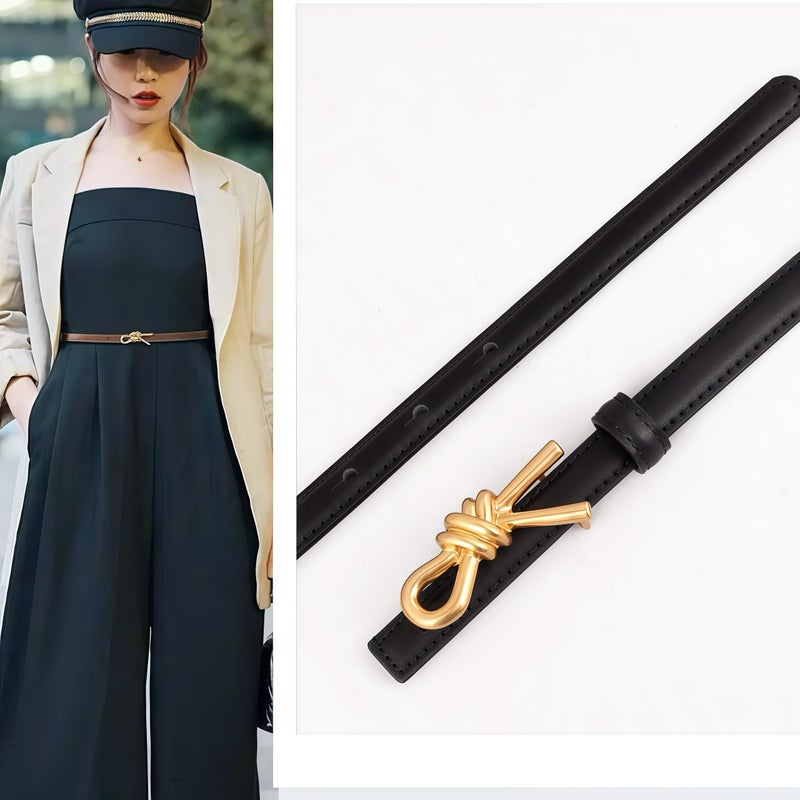 eartif Skinny Leather Belt with Gold Bow Knot Buckle, Black, Dress Belt for Women (Brown) - Image 3
