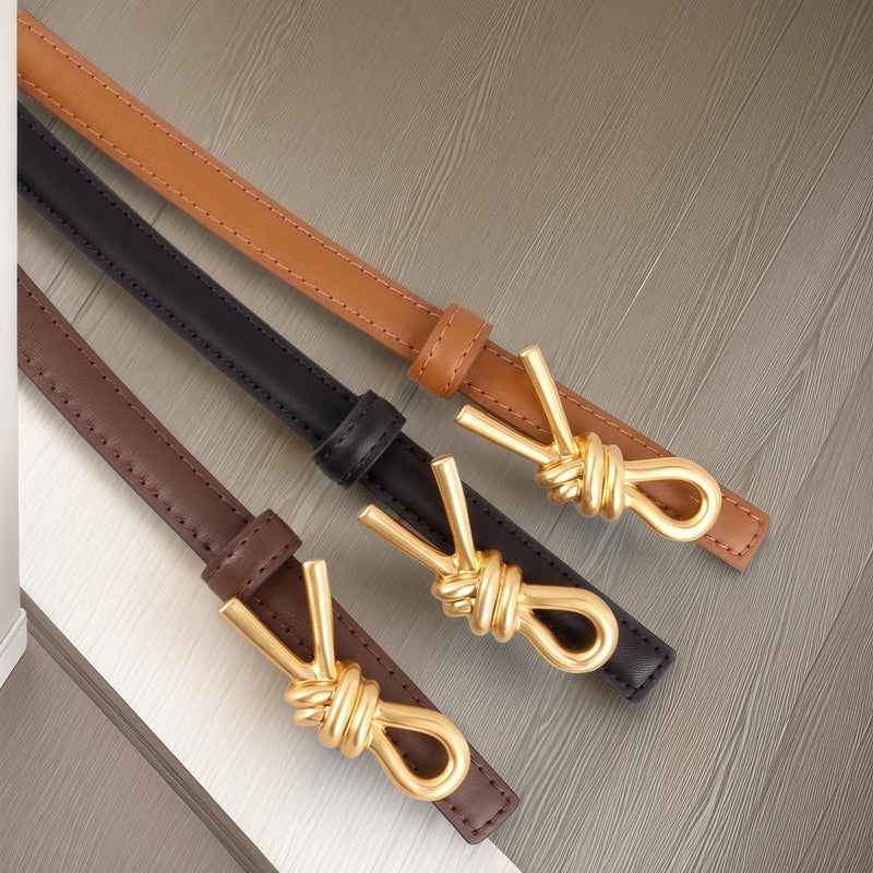 eartif Skinny Leather Belt with Gold Bow Knot Buckle, Black, Dress Belt for Women (Brown) - Image 4
