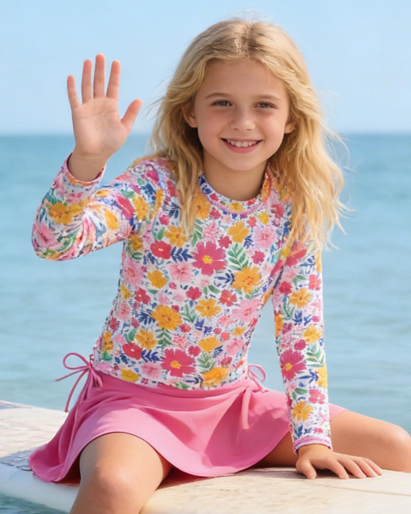 swimsobo Girls Bathing Suits Size 5 6 Pink Flower Rash Guard Long Sleeve Swimsuit Two Pieces Swimming Skirt Swimwear with Shorts - Image 2