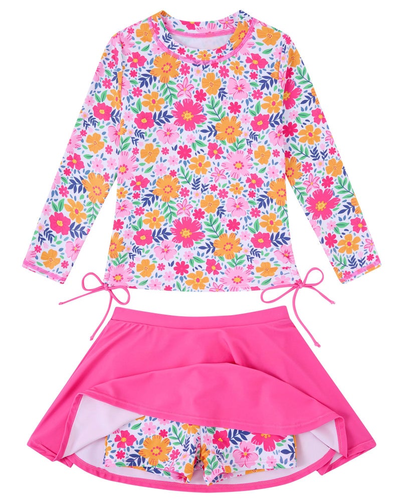 swimsobo Girls Bathing Suits Size 5 6 Pink Flower Rash Guard Long Sleeve Swimsuit Two Pieces Swimming Skirt Swimwear with Shorts - Image 1