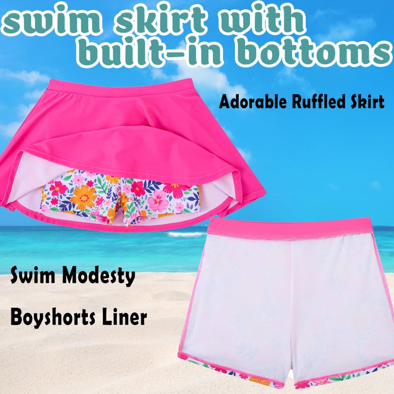 swimsobo Girls Bathing Suits Size 5 6 Pink Flower Rash Guard Long Sleeve Swimsuit Two Pieces Swimming Skirt Swimwear with Shorts - Image 3