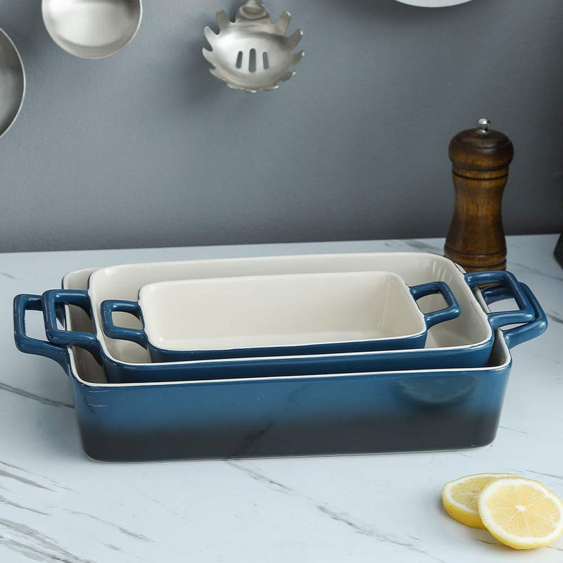 KOOV Bakeware Set, Ceramic Baking Dish, Rectangular Baking Pans Set, Casserole Dish for Cooking, Cake Dinner, Kitchen, Wrapping Upgrade, 12 x 8.5 Inches, 3-Piece (Gradient Blue) - Image 2