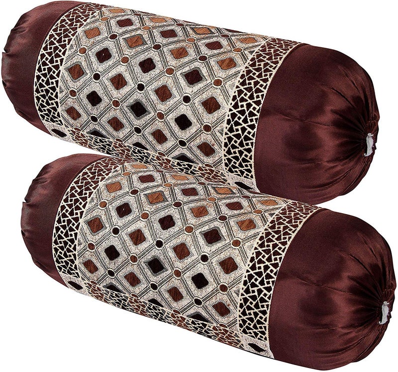 HSR Collection Decorative Chenille Bolster Pillow Cover, Round Pillow Cover Set of 2-32 x 16 inches | Brown - Image 2