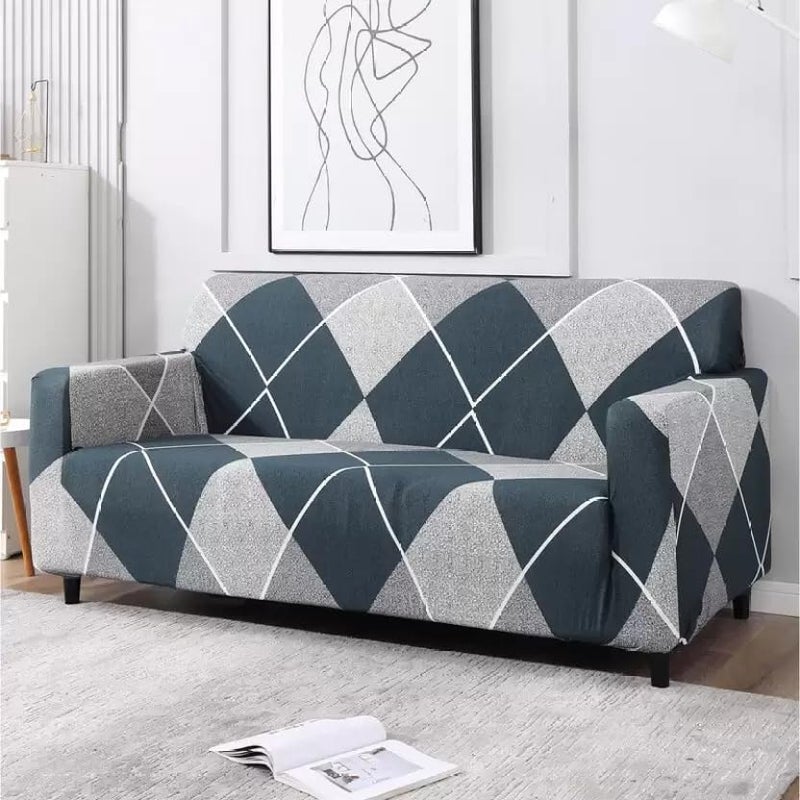 B BESTILO Blue Rhombus Sofa Cover 3 Seater Fully Covered | Universal 360° Anti-Slip Stretchable 3Seater Sofa Slipcover | Elastic Sofa Set Imported Slipcover Protector (Triple Seater, Blue) - Image 1
