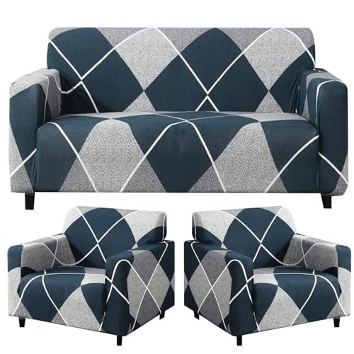 B BESTILO Blue Rhombus Sofa Cover 3 Seater Fully Covered | Universal 360° Anti-Slip Stretchable 3Seater Sofa Slipcover | Elastic Sofa Set Imported Slipcover Protector (Triple Seater, Blue) - Image 5