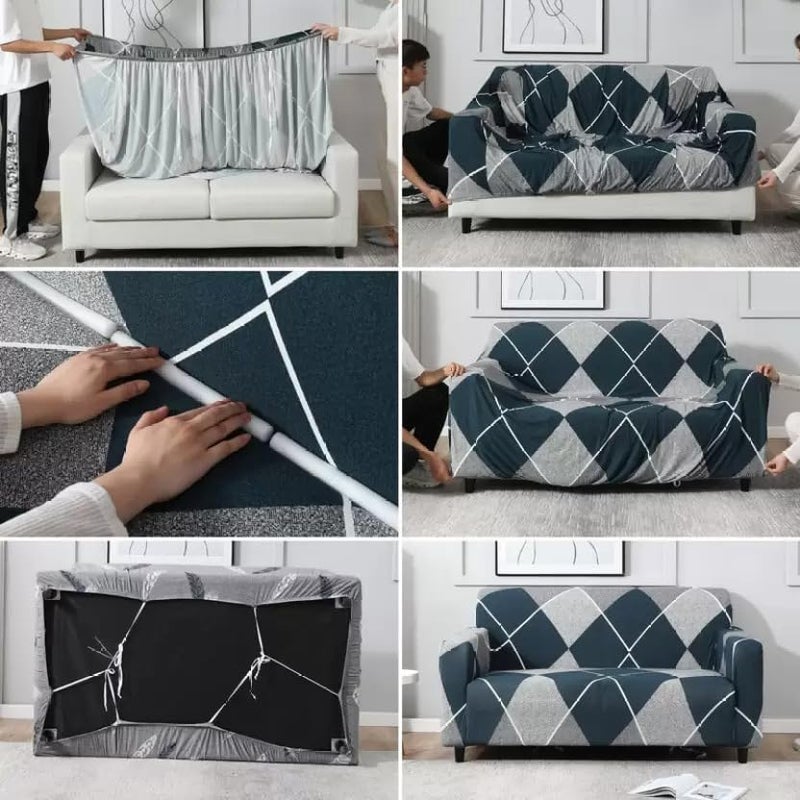 B BESTILO Blue Rhombus Sofa Cover 3 Seater Fully Covered | Universal 360° Anti-Slip Stretchable 3Seater Sofa Slipcover | Elastic Sofa Set Imported Slipcover Protector (Triple Seater, Blue) - Image 4