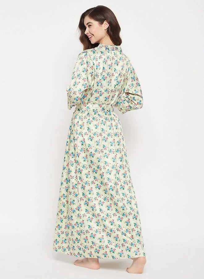 Clovia Chic Basic Long Nighty & Pretty Florals Robe in Mint Green - Satin