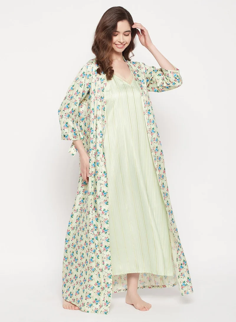 Clovia Chic Basic Long Nighty & Pretty Florals Robe in Mint Green - Satin