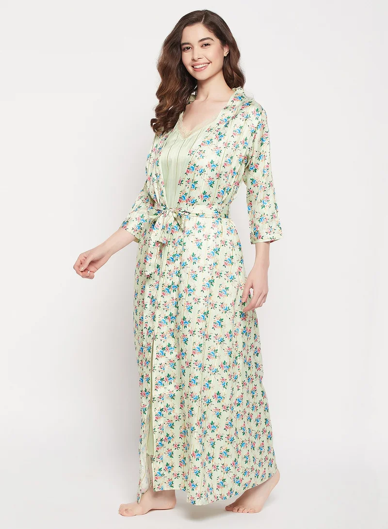 Clovia Chic Basic Long Nighty & Pretty Florals Robe in Mint Green - Satin