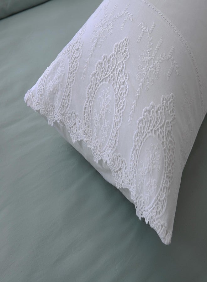Meaning4 2-Pack White Battenburg Lace Pillow Shams Hollowed Out Lace Pillowcases French Luxury Elegant Look 100% Cotton Queen Size - Image 1