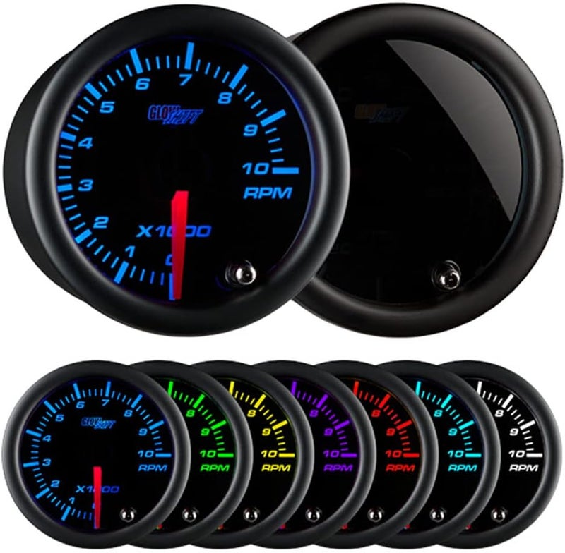GLOWSHIFT Tinted 7 Color 10,000 RPM Tachometer Tach Gauge - for 1-10 Cylinder Gas Powered Vehicle Engines - Includes Wiring - Multi-Color Display - Black Dial - Smoked Lens - 2-1/16" 52mm - Image 1