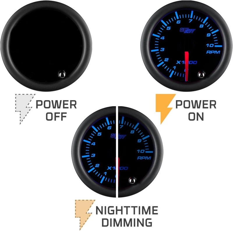 GLOWSHIFT Tinted 7 Color 10,000 RPM Tachometer Tach Gauge - for 1-10 Cylinder Gas Powered Vehicle Engines - Includes Wiring - Multi-Color Display - Black Dial - Smoked Lens - 2-1/16" 52mm - Image 5