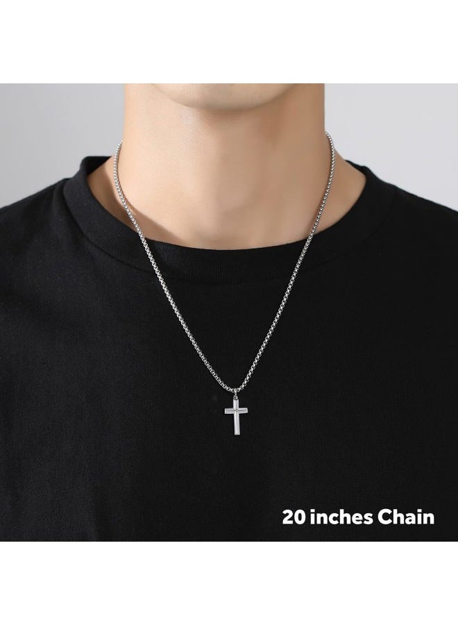 REVEMCN Black Gold Silver Cross Necklace for Boys Stainless Steel Mens Cross Pendant Chain Necklace for Men Women Religious Jewelry Gifts for Boys Girls Chain 16-24 Inches (16 inches, Silver - 1.2'' × - Image 3
