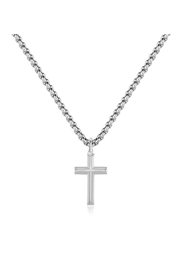 REVEMCN Black Gold Silver Cross Necklace for Boys Stainless Steel Mens Cross Pendant Chain Necklace for Men Women Religious Jewelry Gifts for Boys Girls Chain 16-24 Inches (16 inches, Silver - 1.2'' × - Image 1