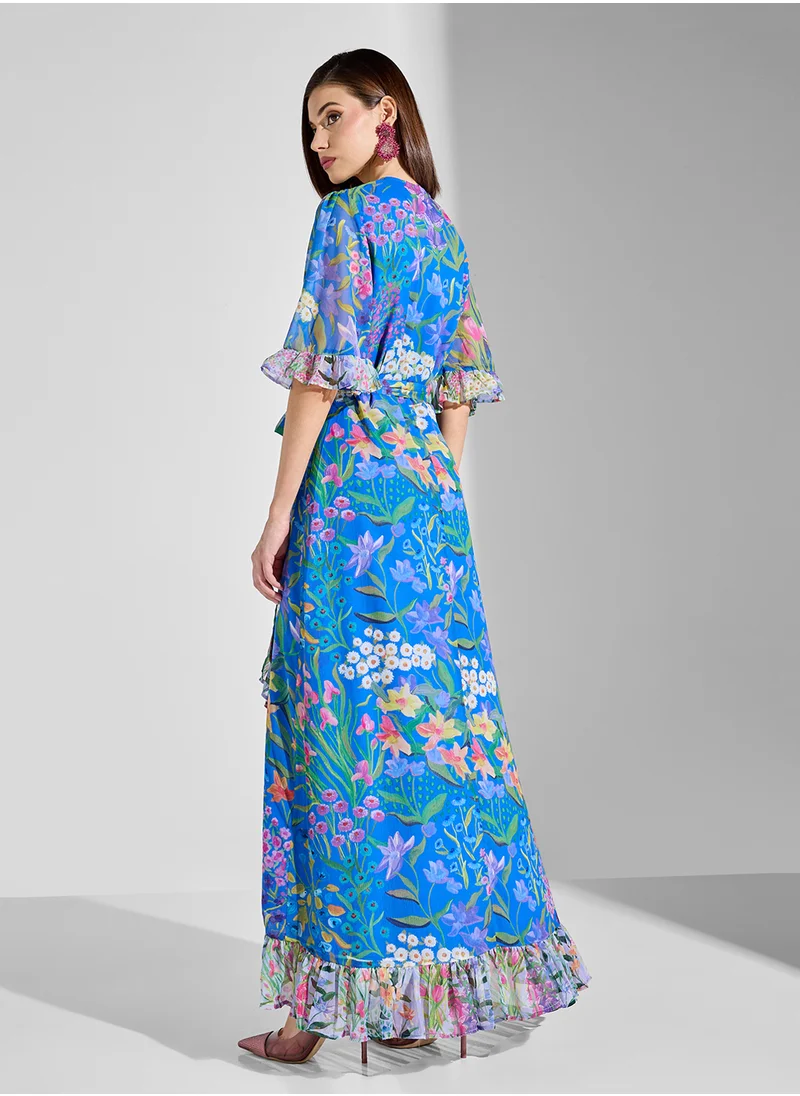 هوب اند ايفي Mixed Print Frill Hem Maxi Wrap Dress