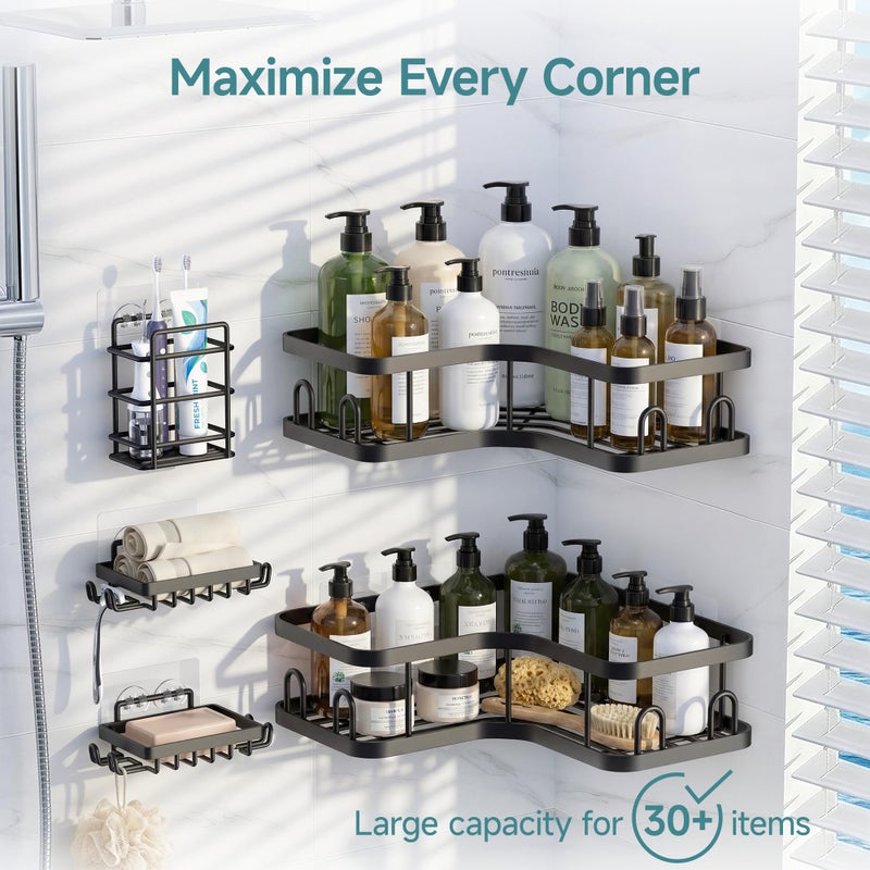 Veken Corner Shower Caddy 5-Pack, Advanced Rustproof Design, No Drilling Adhesive Shelves, Rack with Soap Holder, Large Capacity Bathroom Organizers and Storage, Wall-Mounted Kitchen&Home Decor,Black - Image 2