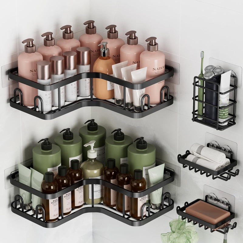 Veken Corner Shower Caddy 5-Pack, Advanced Rustproof Design, No Drilling Adhesive Shelves, Rack with Soap Holder, Large Capacity Bathroom Organizers and Storage, Wall-Mounted Kitchen&Home Decor,Black - Image 1