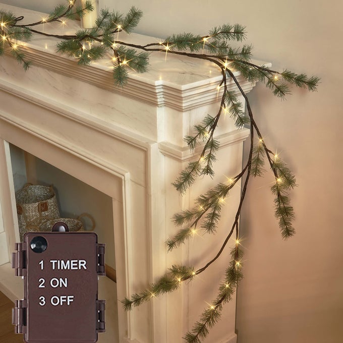 LIGHTED CHRISTMAS PINE GARLAND BATTERY OPERATED WITH TIMER 6FT 48 WARM WHITE LED LIGHTS FOR FIREPLACE MANTLE CHRISTMAS HOLIDAY DECORATION INDOOR OUTDOOR