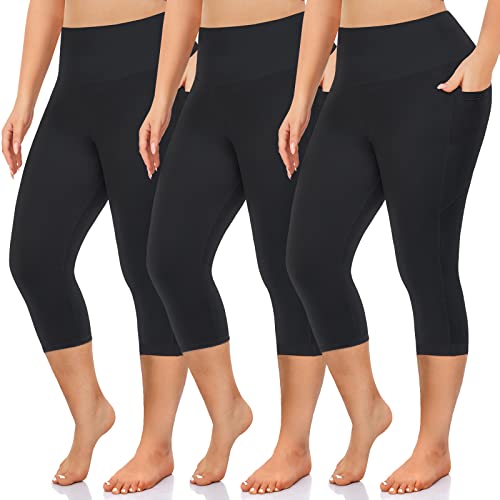 NEW YOUNG 3 Pack Plus Size Capri Leggings with Pockets for Women,High Waist Tummy Control Workout Yoga Leggings - Image 1