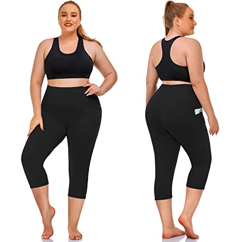 NEW YOUNG 3 Pack Plus Size Capri Leggings with Pockets for Women,High Waist Tummy Control Workout Yoga Leggings - Image 2